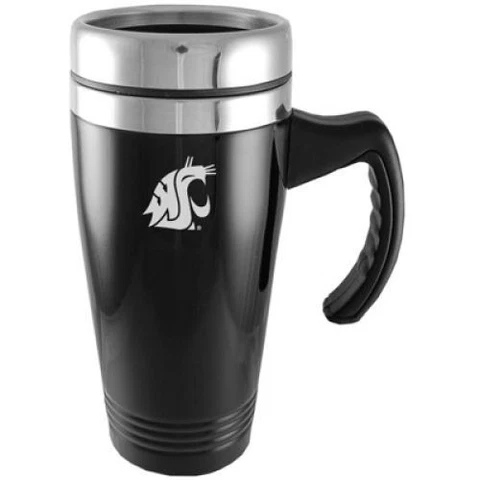 Washington State Cougars Engraved 16oz Stainless Steel Travel Mug - Black Cover