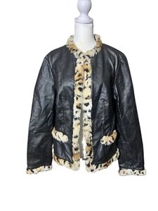 Y2K Metrostyle Leather Jacket Faux Fur Trim Cheetah Leopard Womens Size 14 Rare - Picture 1 of 17