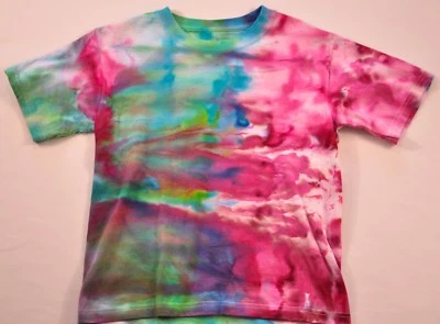 unisex ice dyed colorful tee shirt size x small 2-4 100% cotton blue, red  green - Image 1 of 4