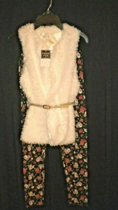 NWT BEAUTEES GIRLS SIZE LARGE 3 PIECE IVORY FAUX FUR VEST, PANTS & GOLD BELT - Picture 1 of 3