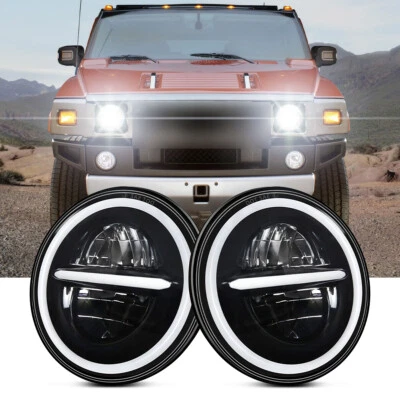 For Hummer H2 2003-2009 Pair 7" inch Round LED Headlights Halo DRL Angel Eyes - Image 1 of 4