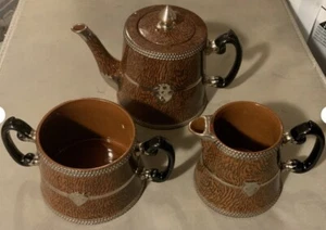 Victorian 1896 C&W (Capper/Wood) Faux Wood Grain Tea Pot, Sugar Bowl & Milk Jug - Picture 1 of 17