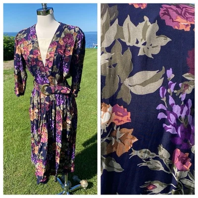 Camisa Vestido Vintage Años 80 Azul Estampado Floral Rayón Midi Con Cinturón Talla 10 Foto 1 de 4