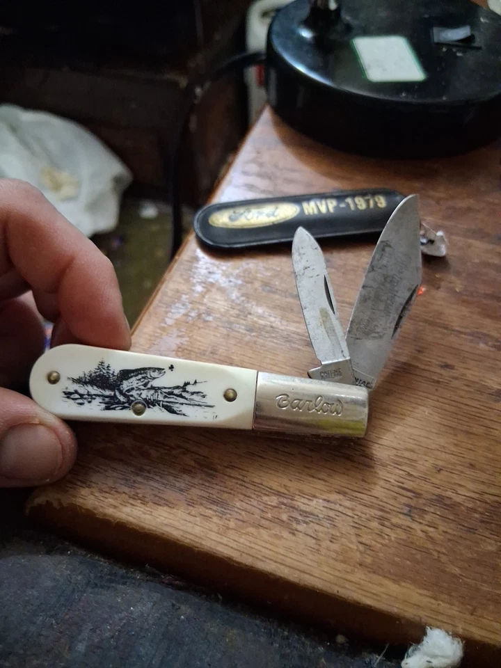 Vintage Colonial Prov U.S.A. Barlow Scrimshaw 2 Blade Pocket Knife - Trout - Image 1 of 4