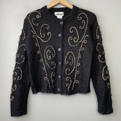 Cárdigan Effeci Mohair Vintage Años 80 Talla Pequeña Negro Dorado Soutache Bordado Foto 1 de 4