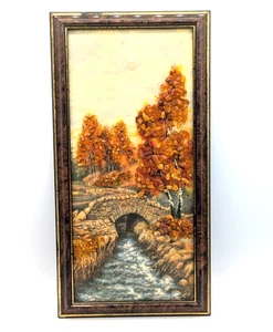 Pintura ámbar báltico vintage puente de piedra otoño paisaje enmarcado 13" x 6,5" - Imagen 1 de 6