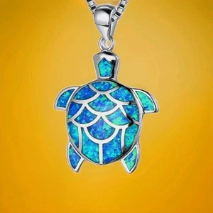Sliver Created Opal Lovely Turquoise Blue Turtle Necklace JOSH JOHN OPAL - Picture 1 of 4