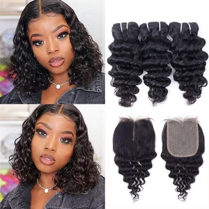 Deep Wave Bundles mit Verschluss Brazilian Deep Curly Echthaar 3 Bundles mit... - Bild 1 von 7