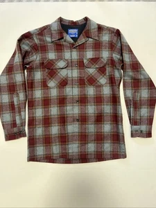 Pendleton Board Shirt Mens Maroon Gray Tan Plaid Virgin Wool Loop Collar Small - Picture 1 of 8