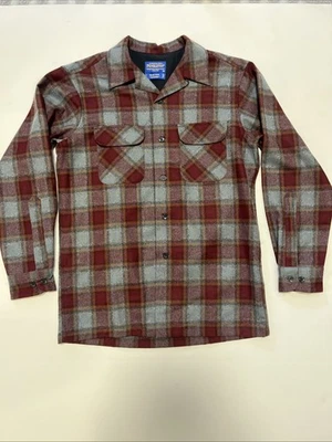 Pendleton Board Shirt Mens Maroon Gray Tan Plaid Virgin Wool Loop Collar Small - Image 1 of 4