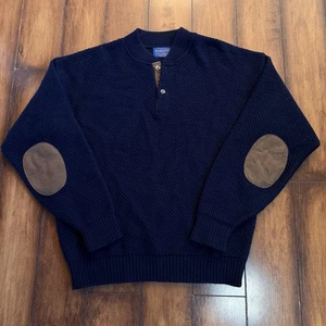 Vintage Pendleton Sweater Henley Fisherman Elbow Patch Wool Pulli Large Navy - Bild 1 von 7