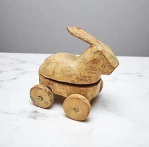 Vintage Wooden Rabbit Figurine on Wheels Original Old Hand Carved - Picture 1 of 7