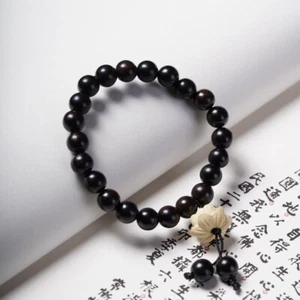 Pulsera de cuentas de ébano tallado en loto encanto madera negra africana mala joyería unisex - Imagen 1 de 10