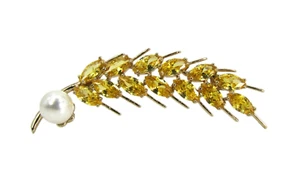 Yellow crystal tree branch pin brooch with white pearl, sparkling yellow pin NEW - Picture 1 of 4