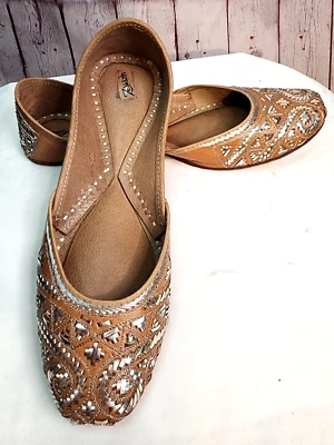 Zebidah Flats Slip On Leather Silver Metal Embroidery Boho Tribal Indian size 38 - Image 1 of 4