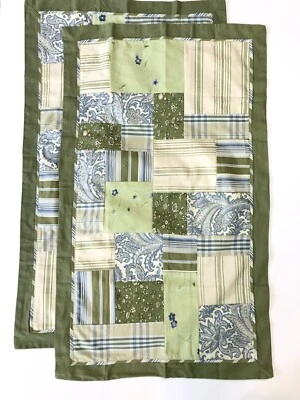 2 NEW Villager Patchwork QUEEN/KING Pillow SHAMS Green Blue Paisley Stripe 20x36 - Image 1 of 4