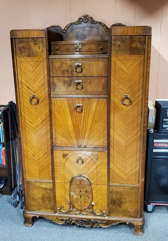 Vintage Art Deco 1930's Waterfall Armoire - 70" tall, 40" wide, 21" deep - Used Cover