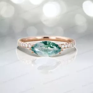 925 Sterling Silver 9x7 mm Marquise Cut Natural Moss Agate Ring CZ Diamond Ring - Picture 1 of 10