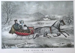 Druck um 1968 Offset World Currier & Ives THE ROAD WINTER Schlittenfahrt PFERDE 1853 - Bild 1 von 8