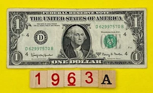 Vintage Series 1963A Fancy Serial Number $1 Dollar Bill D 62997570 B RARE FRN DC - Picture 1 of 10