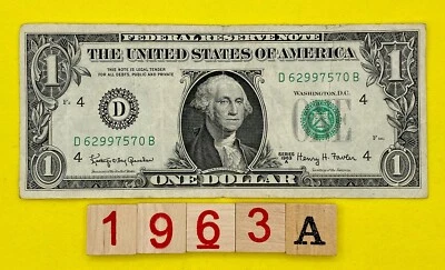 Vintage Series 1963A Fancy Serial Number $1 Dollar Bill D 62997570 B RARE FRN DC - Image 1 of 4