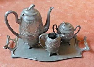 TOPP!!!  JUGENDSTIL - Kaffee-/Teekern mit Tablett - Zinn,  Eduard HUECK - Bild 1 von 7