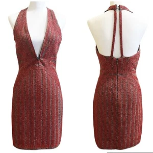 WOW Couture Gold Label Red Beaded Plunge Neck Bodycon Party Mini Dress Size S - Picture 1 of 10