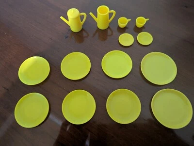 Vintage Barbie Doll Kitchen Yellow Dishes Lot 1990s Plates Cups Pitchers Saucers - Image 1 of 4