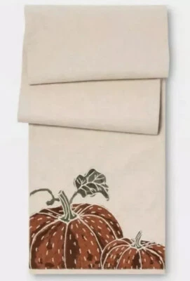 Threshold Printed Pumpkin Table Runner 14 X 72” Embroidered Natural Nwot - Image 1 of 2