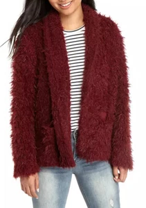 Love Fire Faux Fur Jacket Cardigan Sweater Coat $68 Size Small Red Open Front - Picture 1 of 9