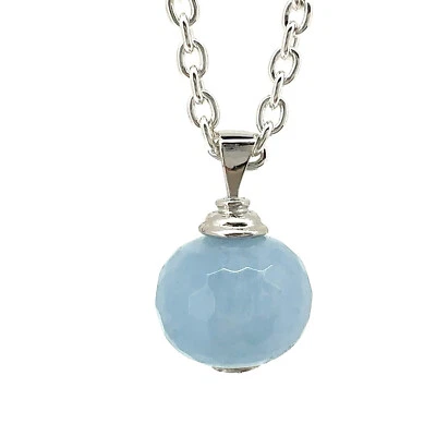 Llavero facetado con cuentas de aguamarina lechosa de 14 mm en plata de ley con cadena de ley de 20" Foto 1 de 4