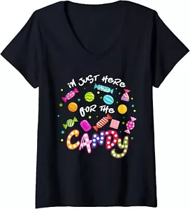 Womens I'm Just Here For The Candy Funny Halloween Trick or Treat V-Neck T-Shirt - Picture 1 of 6
