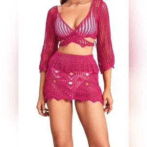 Lo último Rosa Hueco Sexy Envolvente Corbata Frontal Suéter Tejido Falda Cubrir (#1,465) - Imagen 1 de 4