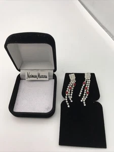 New Neiman Marcus Rhinestone And Red Waterfall Drop Pierced Earrings - Picture 1 of 4