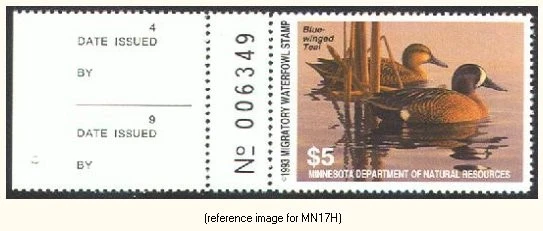 HALFPRICEDUCK Minnesota Duck Stamp 1993 $5.00 full left tab - Image 1 of 1