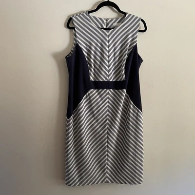 Calvin Klein Women Sz 14 Blue/White Striped Colorblock Sleeveless Sheath Dress - Image 1 of 4