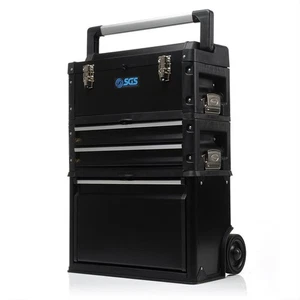SGS Mobile 3 Part Tool Box, Stackable Storage, Portable, Wheels & Handle, Black - Picture 1 of 11