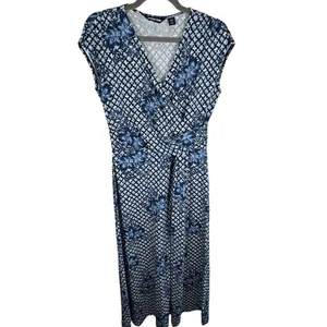 Maxi Vestido Lands' End Floral Azul Blanco Imitación Envolvente Manga Casquillo Elástico Talla S - Imagen 1 de 7