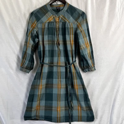 Patagonia Settlers Dress Size 8 Green Plaid Belted Organic Cotton Pockets Casual - Image 1 of 4