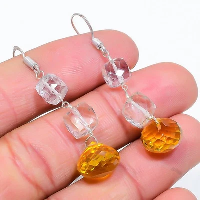 Honey Topaz, White Topaz Gemstone 925 Sterling Silver Jewelry Earring 2.05" g209 - Image 1 of 4