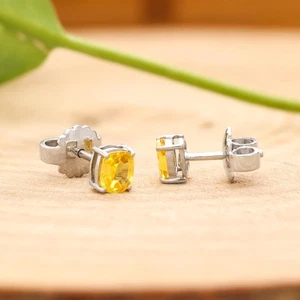 925 Sterling Silber Kissenschliff gelber Edelstein & CZ minimalistische Ohrstecker - Bild 1 von 7