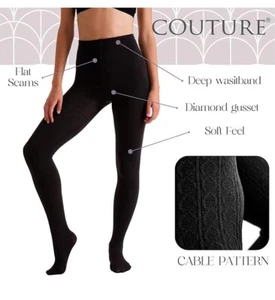 Couture - Women's 300 Denier Fashion Cable Fleece Lined Tights - Black - Picture 1 of 4