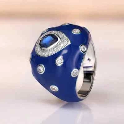 Anillo Retro Clásico Forma Cúpula Zafiro Azul y Circonita Cúbica Blanca, Plata 935 Foto 1 de 4