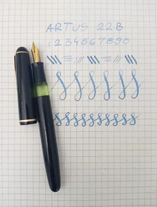 ARTUS 22B Black Piston Fountain Pen 14K OM Nib Very Rare Vintage 50s Ecellent - Picture 1 of 16