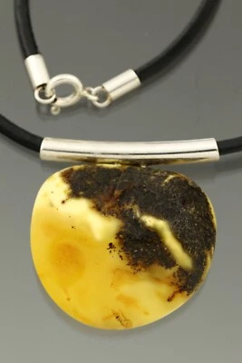 正品 BALTIC AMBER 皮革字符串银色蛋黄吊坠 16.7 克 210728-4 — 第 1/4 张图片