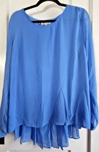 NWT JENNIFER LOPEZ blue woman Sz XL roll tab sleeve back pleated chiffon blouse - Picture 1 of 8