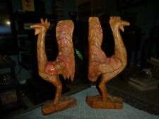Set Of 2 Vintage Rooster Carved Wood 15" Statue Sculpture Carvings