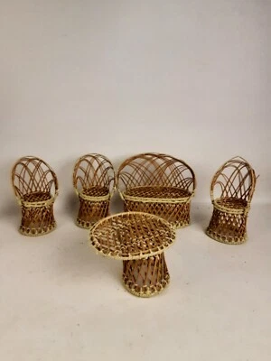 Vintage Wicker Rattan Barbie Doll Patio Furniture Table Chairs Loveseat Toy Set - Image 1 of 4