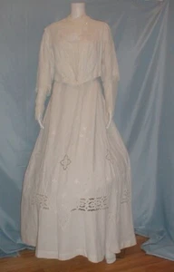 Superb Antique Dress Victorian 1890's White Linen Open Cut Work Tea Dress - Picture 1 of 10