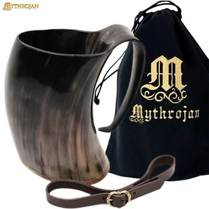 Viking Drinking Horn Mug Tankard with Brown Leather Strap Wine Mead Ale 800 ML - Picture 1 of 13